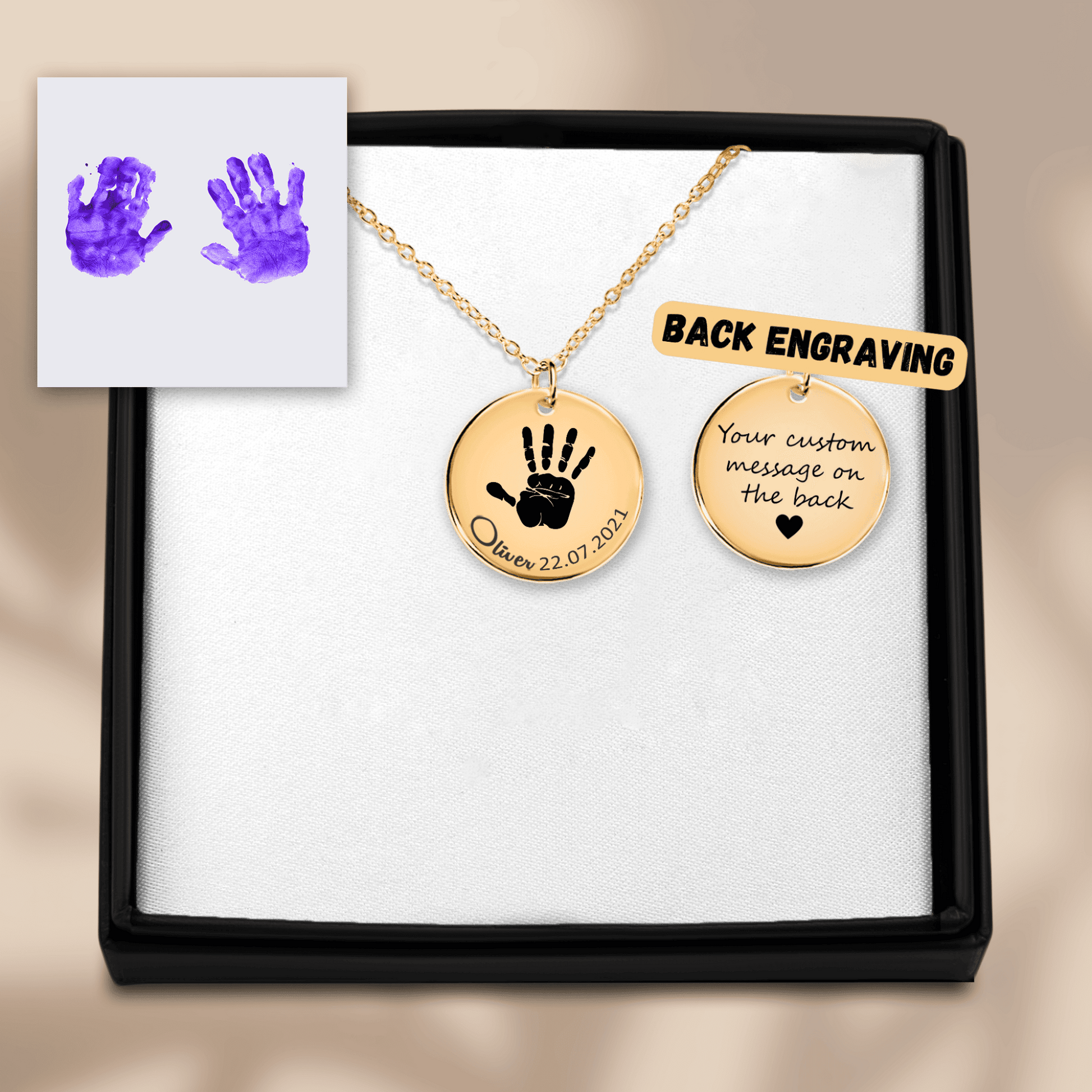 Kette mit echtem Handabdruck, Geburtsdatum deines Babys – personalisierte Gravur