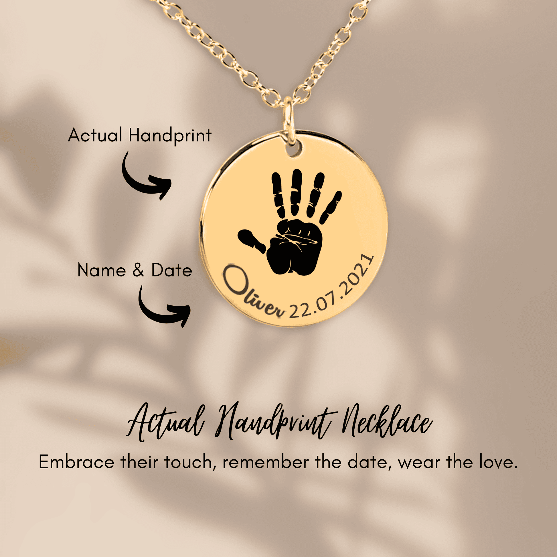 Kette mit echtem Handabdruck, Geburtsdatum deines Babys – personalisierte Gravur