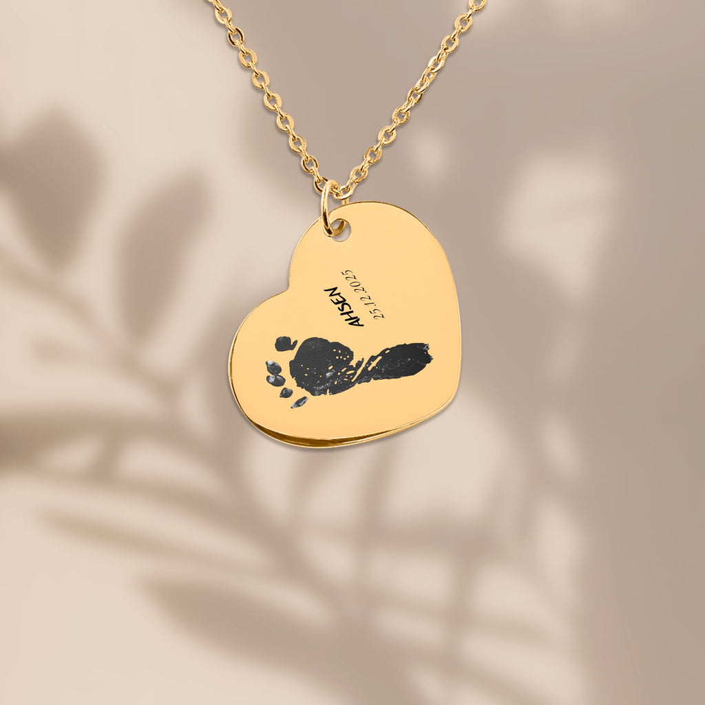 Halskette im Herzform  mit Babyfußabdruck, Name & Geburtsdatum Personalisiert