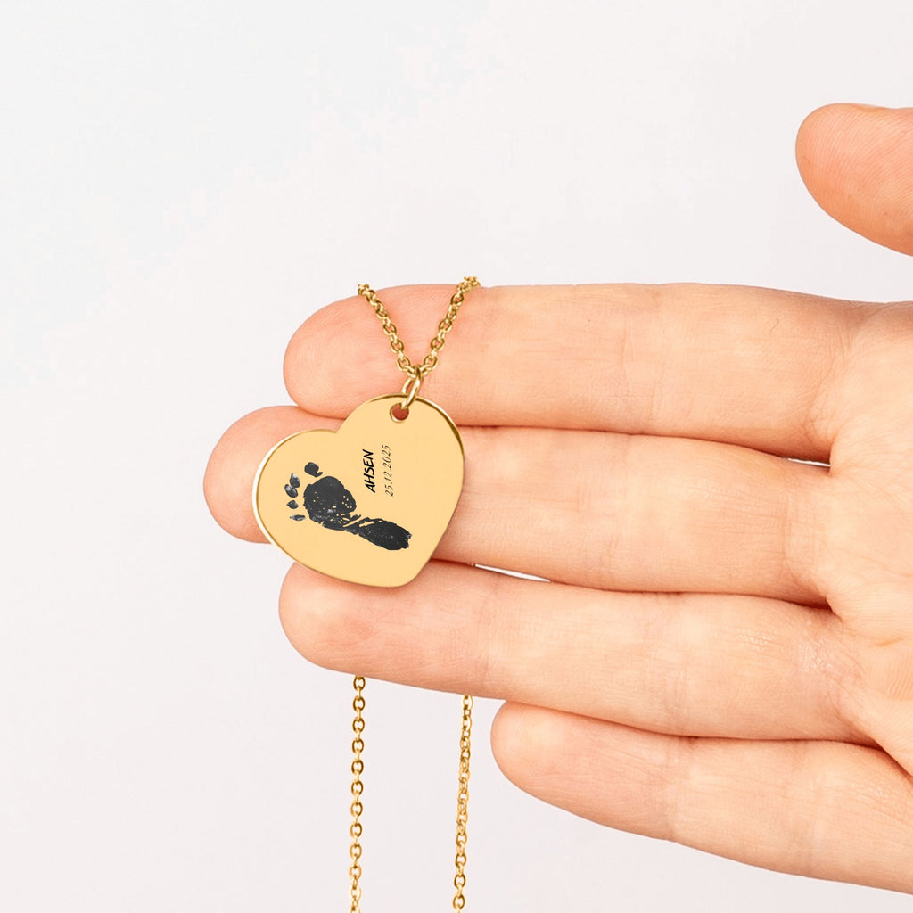 Halskette im Herzform  mit Babyfußabdruck, Name & Geburtsdatum Personalisiert