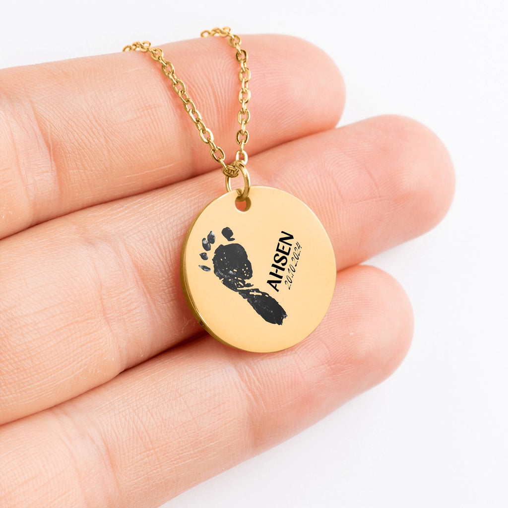 Halskette mit einem Babyfußabdruck, Name & Geburtsdatum personalisiert – Gravuranhänger