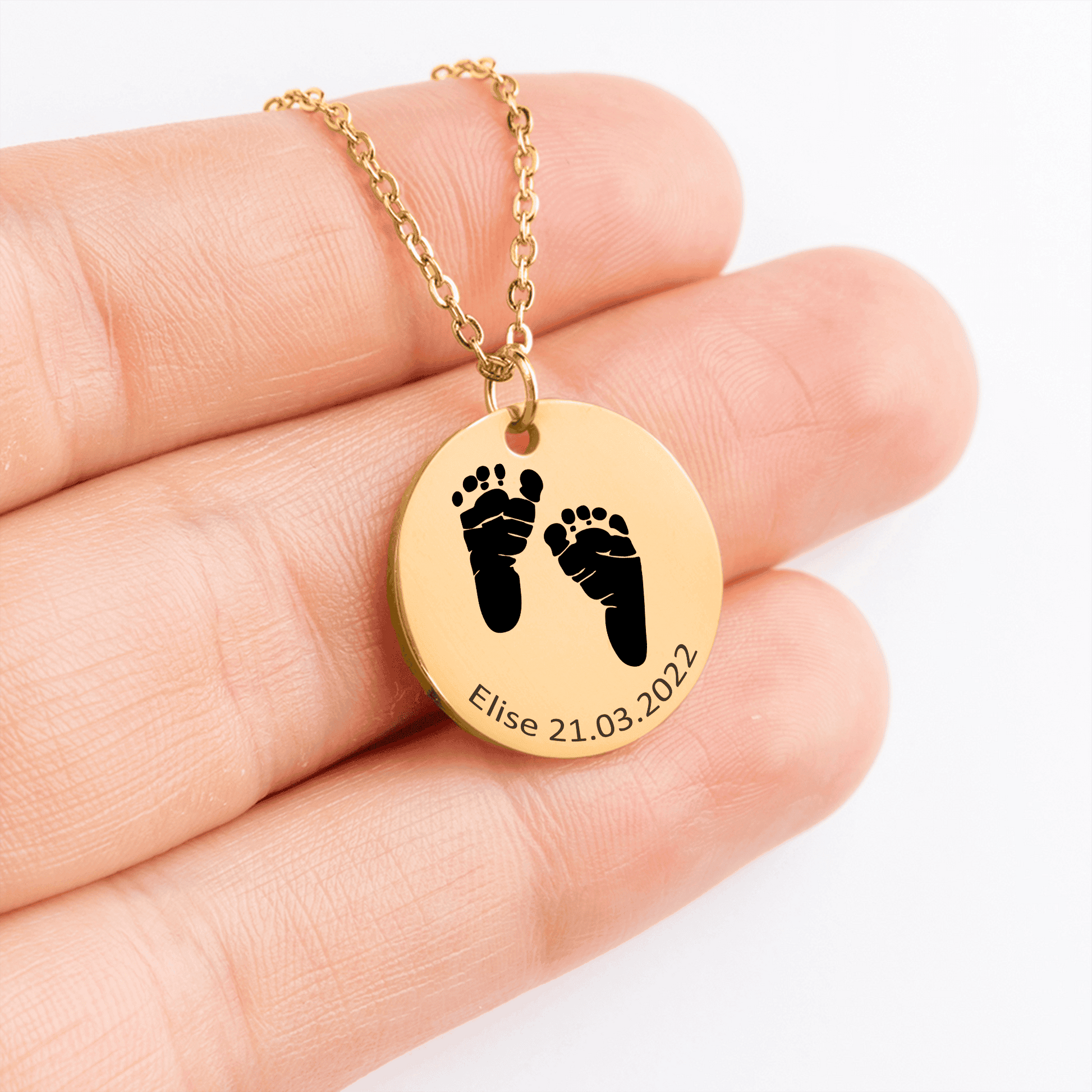 Personalisierte und vergoldete Baby-Halskette mit rundem Anhänger Babys-Fußabdrücken Name Elise und Geburtsdatum 21.03.2022
